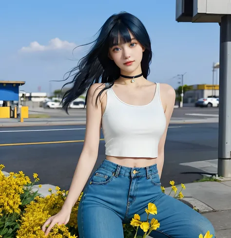 (high-quality, breathtaking),(expressive eyes, perfect face), short, young girl, long dark blue hair, blue eyes, soft smile, white crop top, long black pants, choker, urban setting, blue sky, shine, glow, yellow flowers, blunt bangs, himawari uzumaki, long...