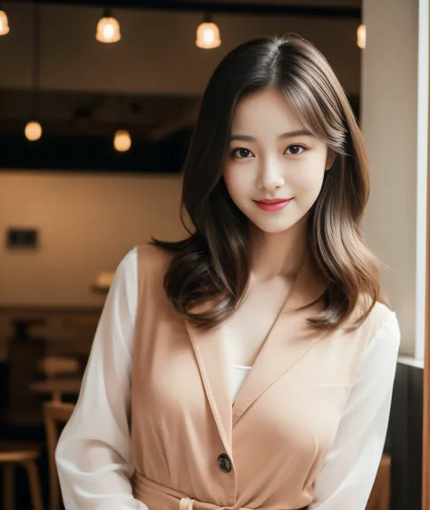 ((best quality, 8K, masterpiece: 1.3)), beautiful girl, pure, melon face, kind and cute, sweet smile, pure desire, slender body, (front), (tilted head), ((looking at camera) ), wearing a pink suit, black silky medium hair, long flowing shoulders, round bla...