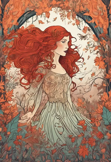 A mystical red-haired woman with delicate bat wings and graceful ram horns, flying through a magical forest with iridescent leaves and ethereal flowers, surrounded by whimsical and enchanting atmosphere, Illustration, with detailed and intricate style and ...