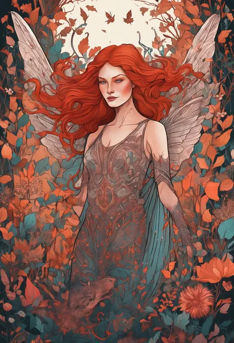 A mystical red-haired woman with delicate bat wings and graceful ram horns, flying through a magical forest with iridescent leaves and ethereal flowers, surrounded by whimsical and enchanting atmosphere, Illustration, with detailed and intricate style and ...