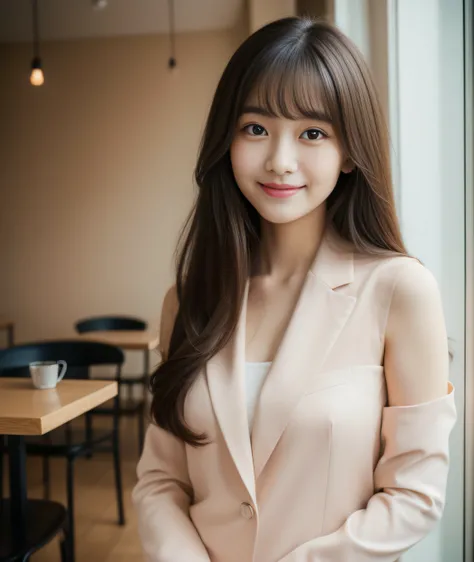 ((best quality, 8K, masterpiece: 1.3)), beautiful girl, pure, melon face, kind and cute, sweet smile, pure desire, slender body, (front), (tilted head), ((looking at camera) ), wearing a pink suit, black silky medium hair, long flowing shoulders, round bla...