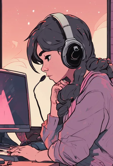 Sad lofi girl looking out the window having a headset on her head and playing with the pc mouse. Background wall have a peaceful painting