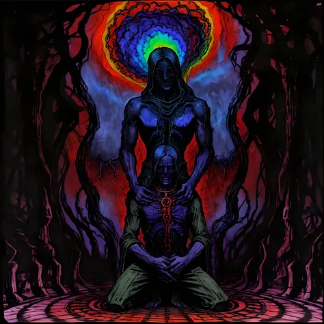 Picture with a man standing holding the neck of another kneeling man absorbing soul, SURREALISM PSYCHEDELIC PICTURE