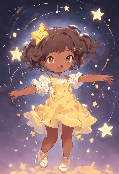 Stars shine，Colorful，Lolita style clothing，Cartoony，Chubby little African American girl，brown textured hair, brown eyes, Holding a bear cub doll，Clumsy jumps，Cute and cute，KIDS ILLUSTRATION，Glow effects，Dingdall effect，depth of fields，high light，Real light...