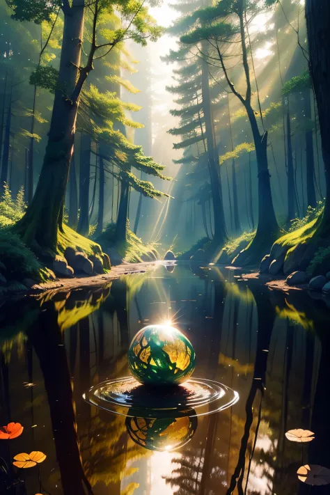 Deep forest, tranquil pond, shimmering sunlight, radiant rainbow-colored dragon egg, mystical aura, soft glow, distant trees, gentle sunbeams.