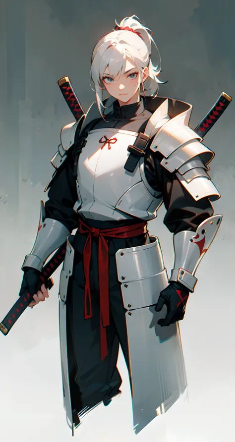 Tall man in white futuristic armor with red lines, Long katana in hand, red katana blade, Young face, White hair tied in a ponytail, Sword on the shoulder, ConceptArt, gray background,