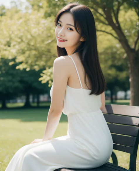 ((best quality, 8K, masterpiece: 1.3)), beautiful girl, pure, melon face, kind and cute, sweet smile, pure desire, slender body, (front), (tilted head), ((looking at camera) ), normal breasts, wearing a white dress, long black silky hair, long flowing shou...