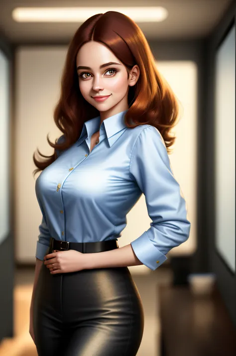 pixarstyle a waist-length portrait of a young woman in a office shirt, smile, office, natural skin texture, 4k textures, hdr, intricate, highly detailed, sharp focus, cinematic look, hyperdetailed