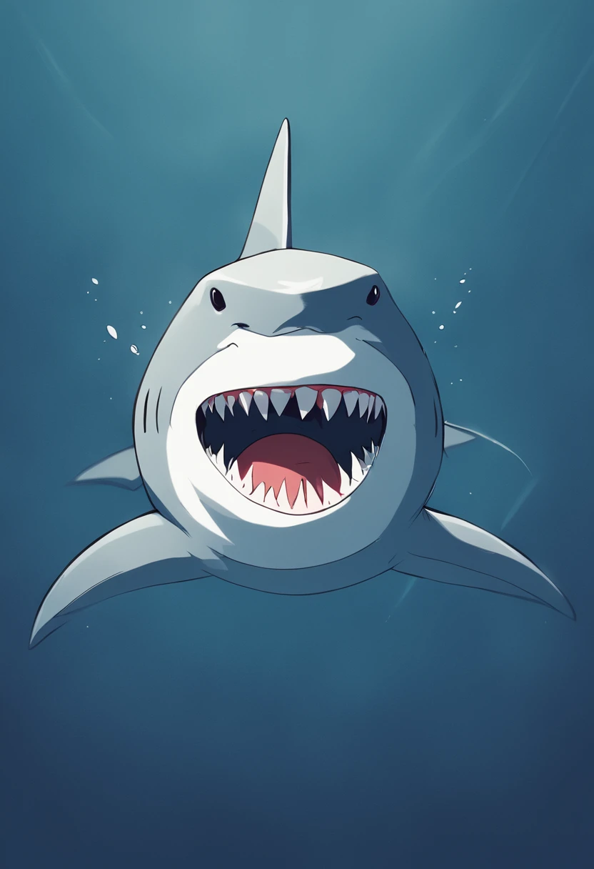 "Create a fun logo of a smiling shark brushing its sharp teeth, transmitindo um sentimento de simpatia e higiene."