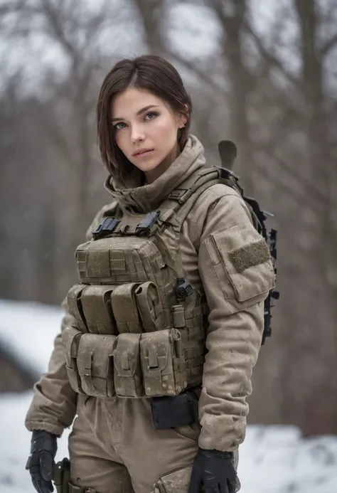 (photorealistic), beautiful lighting, best quality, realistic, full body portrait, real picture, intricate details, depth of field, 1girl, in a cold snowstorm, A very muscular solider girl with haircut, wearing winter camo military fatigues, camo plate car...