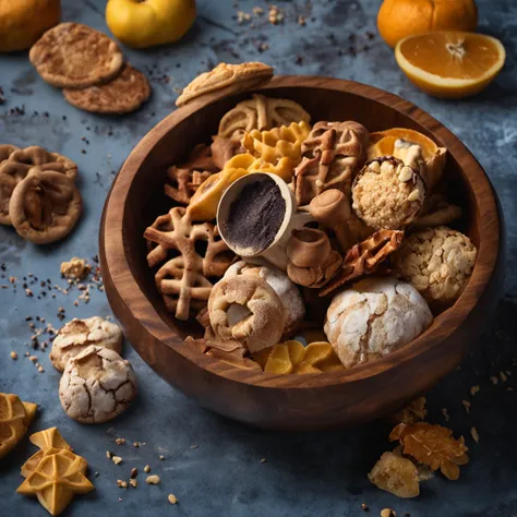 a wooden bowl filled with delicius cookies on top of a table, a still life by Jean-Pierre Norblin de La Gourdaine, featured on cg society, art photography, photo taken with ektachrome, photo taken with nikon d750, macro photography