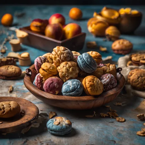 a wooden bowl filled with delicius cookies on top of a table, a still life by Jean-Pierre Norblin de La Gourdaine, featured on cg society, art photography, photo taken with ektachrome, photo taken with nikon d750, macro photography