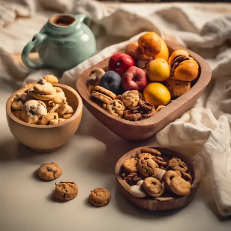 a wooden bowl filled with delicius cookies on top of a table, a still life by Jean-Pierre Norblin de La Gourdaine, featured on cg society, art photography, photo taken with ektachrome, photo taken with nikon d750, macro photography