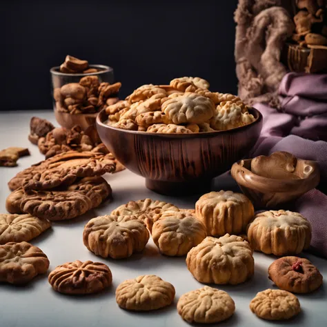 a wooden bowl filled with delicius cookies on top of a table, a still life by Jean-Pierre Norblin de La Gourdaine, featured on cg society, art photography, photo taken with ektachrome, photo taken with nikon d750, macro photography