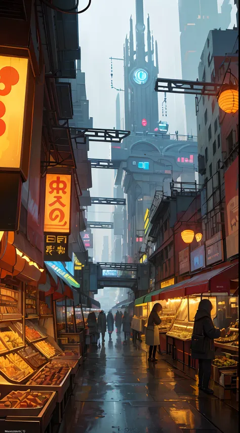 ((masterpiece)),((best quality)),((high detail)),((realistic,)) Futurist era city, architectural streets, bazaars, futuristic train lines, cyberpunk, buildings, night, European city, rainy, neon