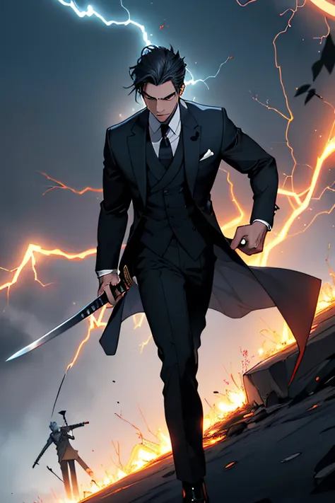 (An elegant man in a three-piece suit, avec de longs cheveux noirs, holding a lightning bolt in one hand and a burning katana in the other.)