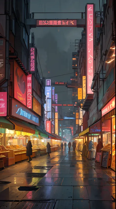 ((masterpiece)),((best quality)),((high detail)),((realistic,)) Futurist era city, architectural streets, bazaars, futuristic train lines, cyberpunk, buildings, night, European city, rainy, neon