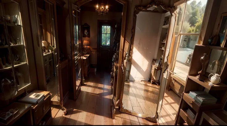 An antique mirror in an antique shop, a single mirror in the corner, imagem realista