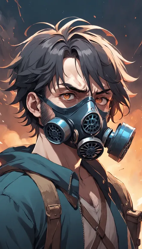 a man with a gas mask and glasses on his face, - illustration style, pai hipster, Epic portrait illustration, wearing a gas mask, cabelo amarrado feito coque escrito na blusa vikings pinturas