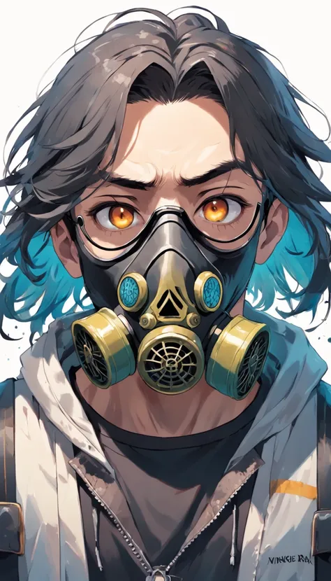 a man with a gas mask and glasses on his face, - illustration style, pai hipster, Epic portrait illustration, wearing a gas mask, cabelo amarrado feito coque escrito na blusa vikings pinturas