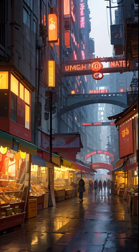 ((masterpiece)),((best quality)),((high detail)),((realistic,)) Futurist era city, architectural streets, bazaars, futuristic train lines, cyberpunk, buildings, night, European city, rainy, neon