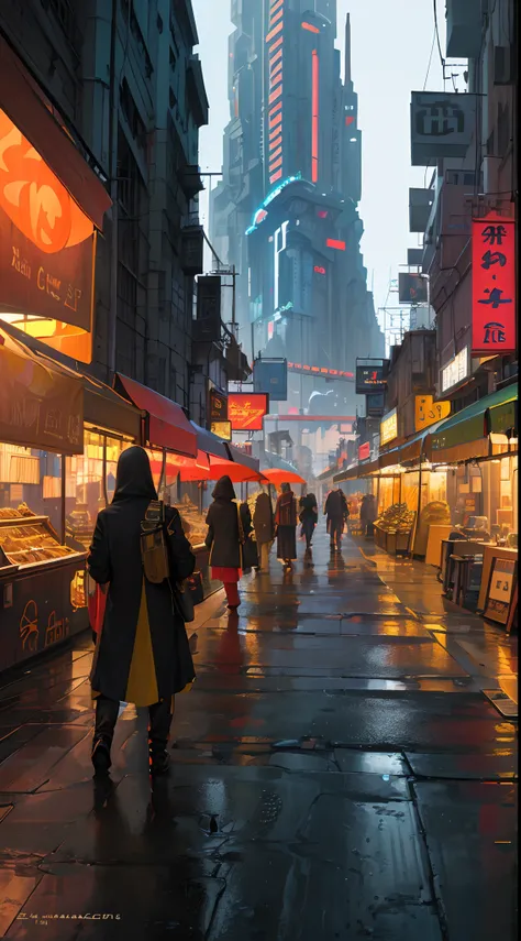 ((masterpiece)),((best quality)),((high detail)),((realistic,)) Futurist era city, architectural streets, bazaars, futuristic train lines, cyberpunk, buildings, night, European city, rainy, neon