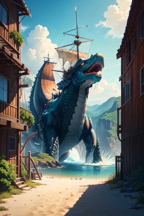 Masterpiece, best quality, (very detailed CG unity 8k wallpaper), (best quality), (best illustration), (best shadows), Pirate Cove, Cove, Harbor, Sea Monsters, Sea Monster Hunting, Huge Sea Monster, Ultra Detailed