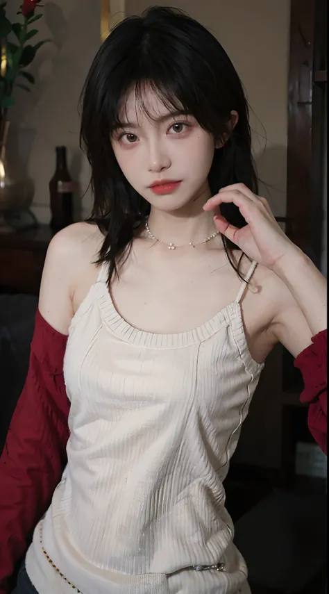 best qualtiy， 超高分辨率， （realisticlying：1.4），Baoyu Girl，1girll, with long coiled hair，Looking into the distance，nedium breasts，Cropped red sweater，a sense of atmosphere，Beautiful woman with a slim figure:1.4, Abs，Ultra-fine face，Elaborate Eyes，二重まぶた，choker ne...