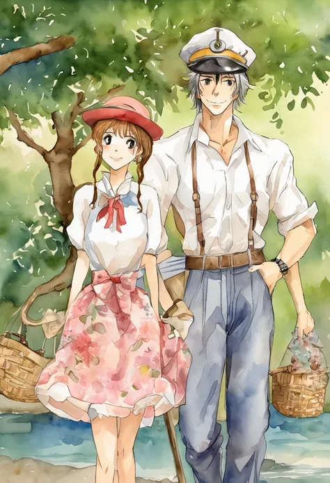 [hombre y mujer retro], Anime antiguo, 1980s (estilo), 1990s (estilo), acuarela (Medio), , ((La mejor calidad)), ((pieza maestra)), [detallado], [Imagen de anime y manga], [fascinante], A happy couple enjoying a day at the beach