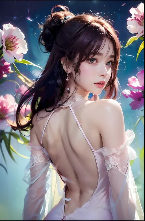 long shot,nighttime,(1girl),akiryo-mai ,Necklaces, earrings,Brownish red hair,Shy, blushing,see-through,(Pink Mini Lace Dress:1.6),(sweat:1.25), (Rose-tattoos :1.2) ,(((solo))),depth of field,(Masterpiece:1.5),(best quality:1.4),extremely detailed ，3D,Cine...