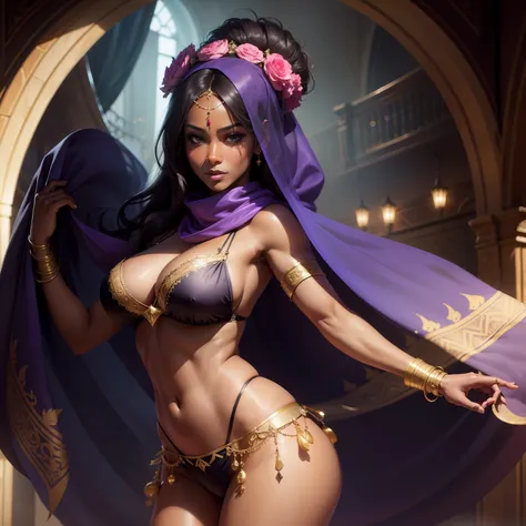 Exotic dancer, veil and silk scarves, dancing, dark skin, pretty woman, bard, bikini, big butt