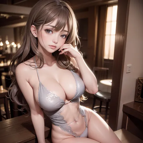 Cute sexy woman, Fluffy and messy light gray-brown curly hair, Natural relaxing posture, Delicate and clean makeup, Have a nice chat with friends, The background is a dark tavern at night, Mood lighting, low tune, Cinematic images, Photographed by a Kodak ...