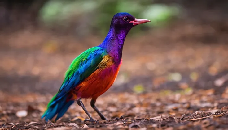 Mysterious bird (alegre) quirky with magical feathers that glowed in vibrant colors. aventura na Terra das Cores (paisagem campo grande), a place no one had ever explored (varias arvores, plantas e flores).