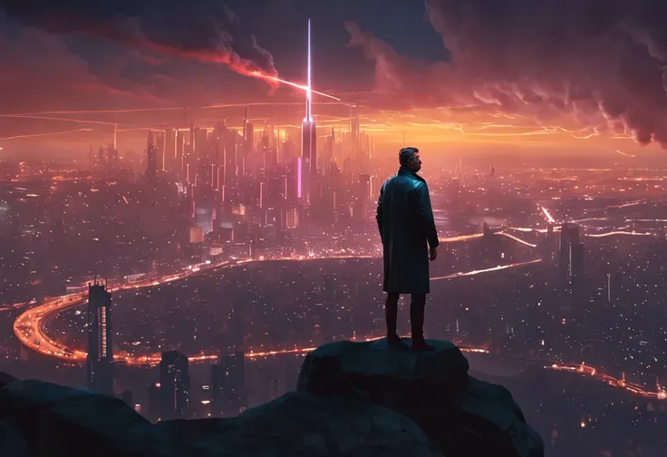 stoic protagonist man overlooking a city. Night view. Lights. Big buildings, cinematic, 4k, epic Steven Spielberg movie still, sharp focus, emitting diodes, smoke, artillery, sparks, racks, system unit, motherboard, by pascal blanche rutkowski repin artsta...