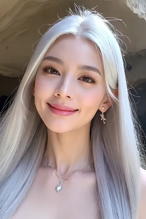 (extra detailed body、extra detailed face、best qualtiy:1.2)、femele、looking at the viewers、(White hair、piercings、a necklace、a smile、17 age)、(Limestone cave in the background:1.4)