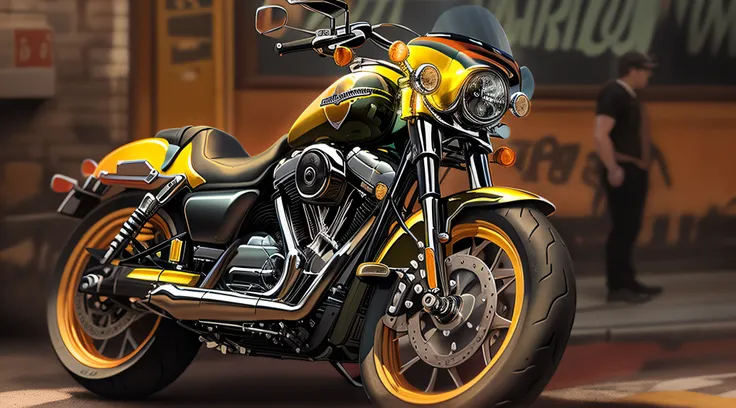 yellow and black Harley-Davidson motorcycle, beautiful background, realism, realistic digital art, sharp details, daytime lighting