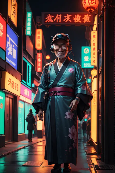 An old Asian man with a gamer headset in a kimono like a cyberpunk character on a city street. Night, neon signage, Japanese writing, futuristic, concept art, painting, illuminated, close-up, detailed, bright.