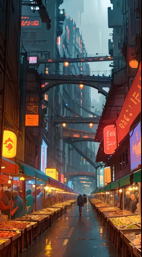 ((masterpiece)),((best quality)),((high detail)),((realistic,)) Futurist era city, architectural streets, bazaars, futuristic train lines, cyberpunk, buildings, night, European city, rainy, neon