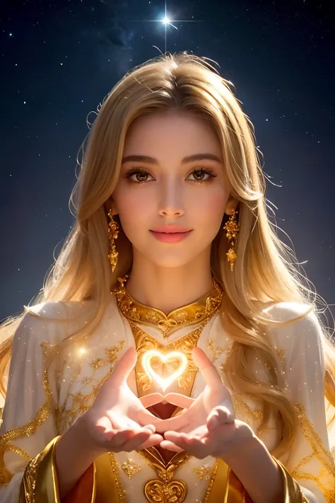 Golden Goddess Freyer, Majestic Goddess of Love and Magic, Her hands shine with mysterious power.Her hands shine warm and charmingly.Her presence is a light of hope and joy.Her golden aura is、It is a shining golden aura of love and protection.Shooting star...