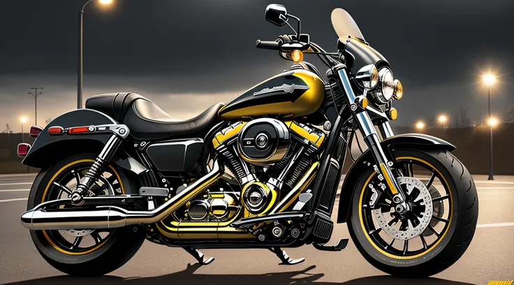 yellow and black Harley-Davidson motorcycle, beautiful background, realism, realistic digital art, sharp details, daytime lighting