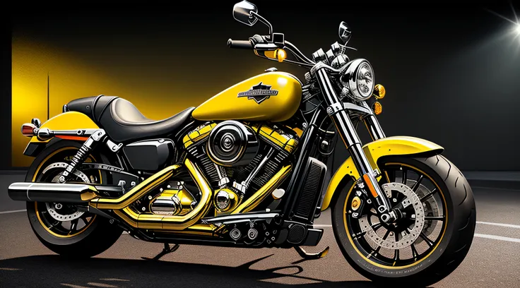 yellow and black Harley-Davidson motorcycle, beautiful background, realism, realistic digital art, sharp details, daytime lighting