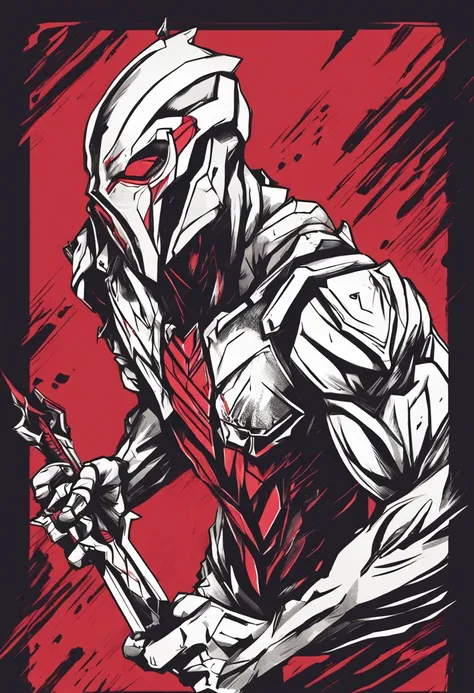 Draw the original league of legends Zed character in a dynamic pose, executando um de seus movimentos de habilidade no jogo, como o “Contempt for the Weak”. Add red details to the blades of your hands and eyes creating a minimalist tattoo.