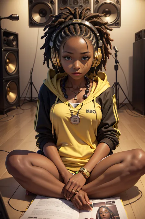 a beautiful (dark skin) woman, hair dreadlocks (EMB_fshnsta-13000:0.9), ((clothes retro hip hop hoody with golden headphones around her neck)), tcg artwork, hyper realism, perfect rendered face, perfect face details, photographic, contemporary, hyper reali...