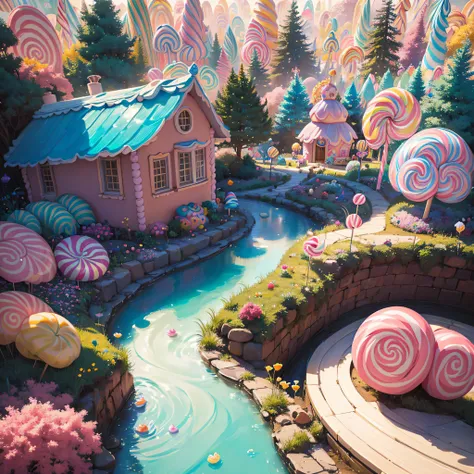 C4ndyL4ndAI city, fat woman, (Masterpiece, best quality:1.3), one (enchanted:1.3) (magical:1.3) (garden), fairy tales, pixar, disney, dreamworks style, surrounded by magic on a dreamlike mountain, rendered in intricate detail in a digital painting with sha...