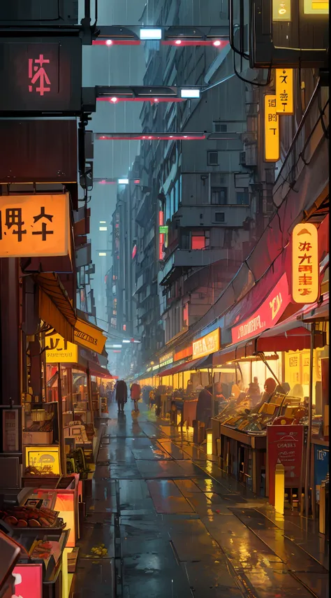 ((masterpiece)),((best quality)),((high detail)),((realistic,)) Futurist era city, architectural streets, bazaars, futuristic train lines, cyberpunk, buildings, night, European city, rainy, neon