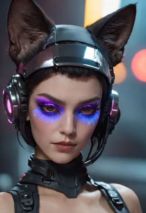 Beautiful cyberpunk model dressed as futuristic kitten, cyberwave, fundo cyberpunk 2077, mega cidade, neo cyber world, cinemactic, Contrata, 4k, detalhes intrincados, Grain,