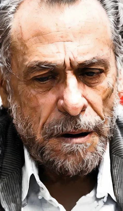 um close up de um homem com barba e jaqueta, olhos tristes, Charles Bukowski, Charles Bukowski, scariest looking man alive, Charles Bukowski, homem triste, Charles Bukowski, um homem muito triste, Charles Bukowski altamente detalhado, americano, he has a d...