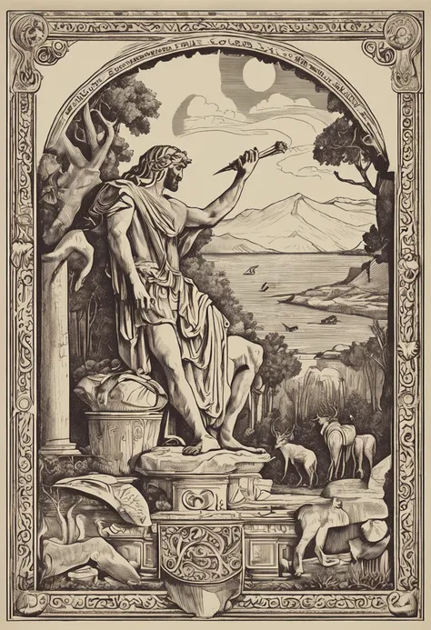 preciso de uma imagem que represente este paragrafo: For too long now, in the lands of Ancient Greece, there was an extraordinary musician named Orpheus. His musical talent was so great that his songs had the power to soothe wild beasts and enchant the god...