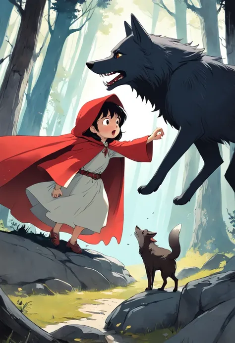 lustration of a girl with a red cloak, Caperucita roja, un lobo en una cama, un cazador con escopeta apuntando al lobo, Caperucita Roja, Classic childrens illustration, Caperucita Roja, Gran lobo feroz, Caperucita Roja, The wolf threatens the girl, el caza...