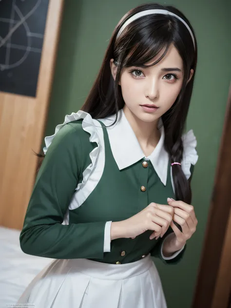 Arab asian woman in green uniform for photo, Anime girl cosplay, cosplay foto, sakimichan hdri, Anime Cosplay, girl wearing school uniform, professional cosplay, Ayaka Cosplay, Cosplay, cosplay of a catboy! maid! Dress, JK Uniform, real life anime girl, fu...